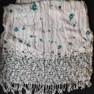 Floral Embroidered White & Teal Scarf